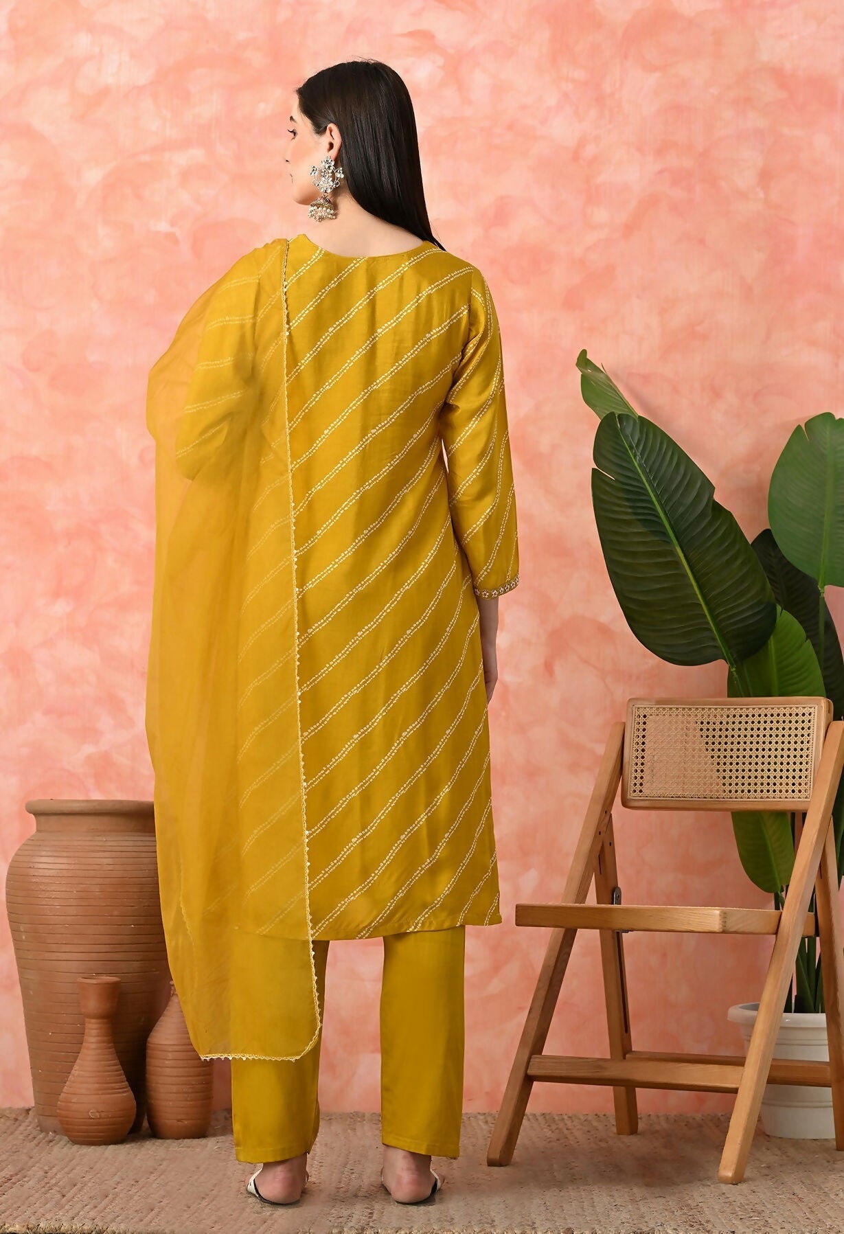 Mustard Pure Viscose Dola Silk Kurta Set with Handwork & Organza Dupatta