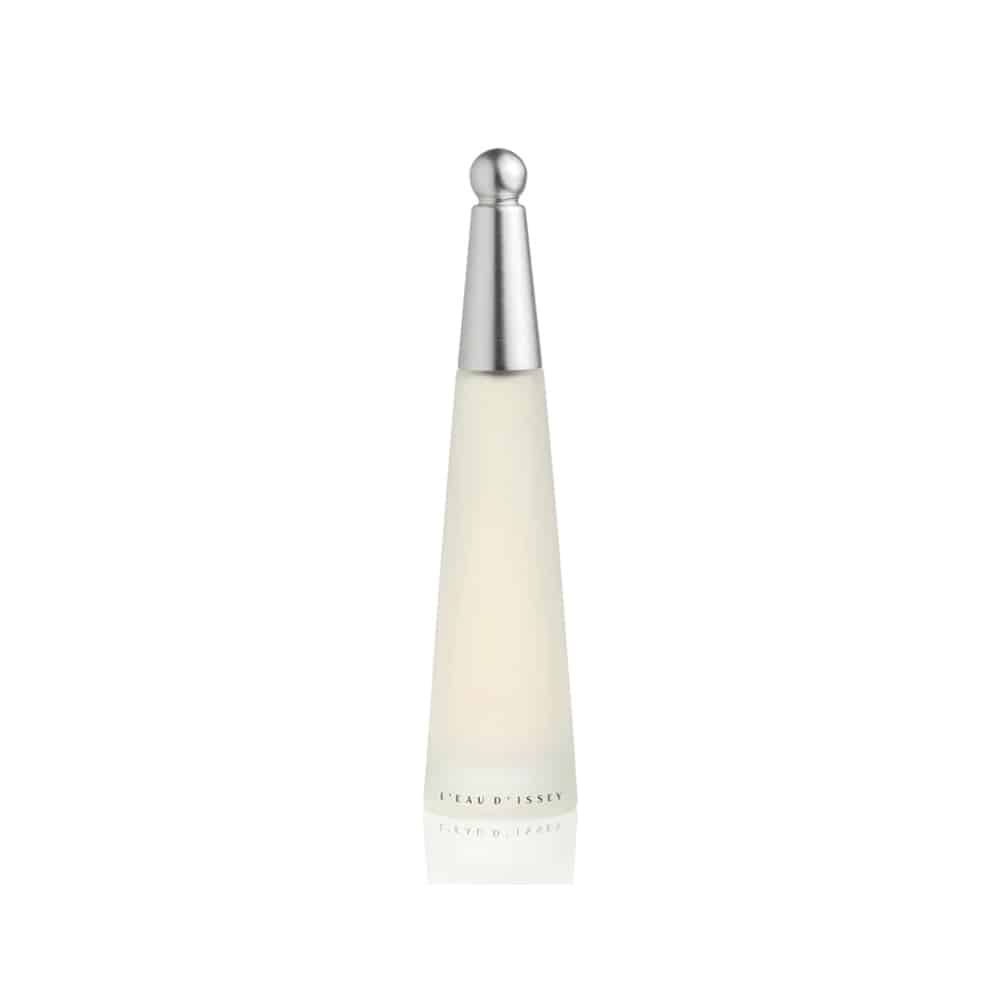 Issey Miyake L'Eau d'Issey 1.6 fl oz spray bottle in clear glass with a brushed metallic silver cap.