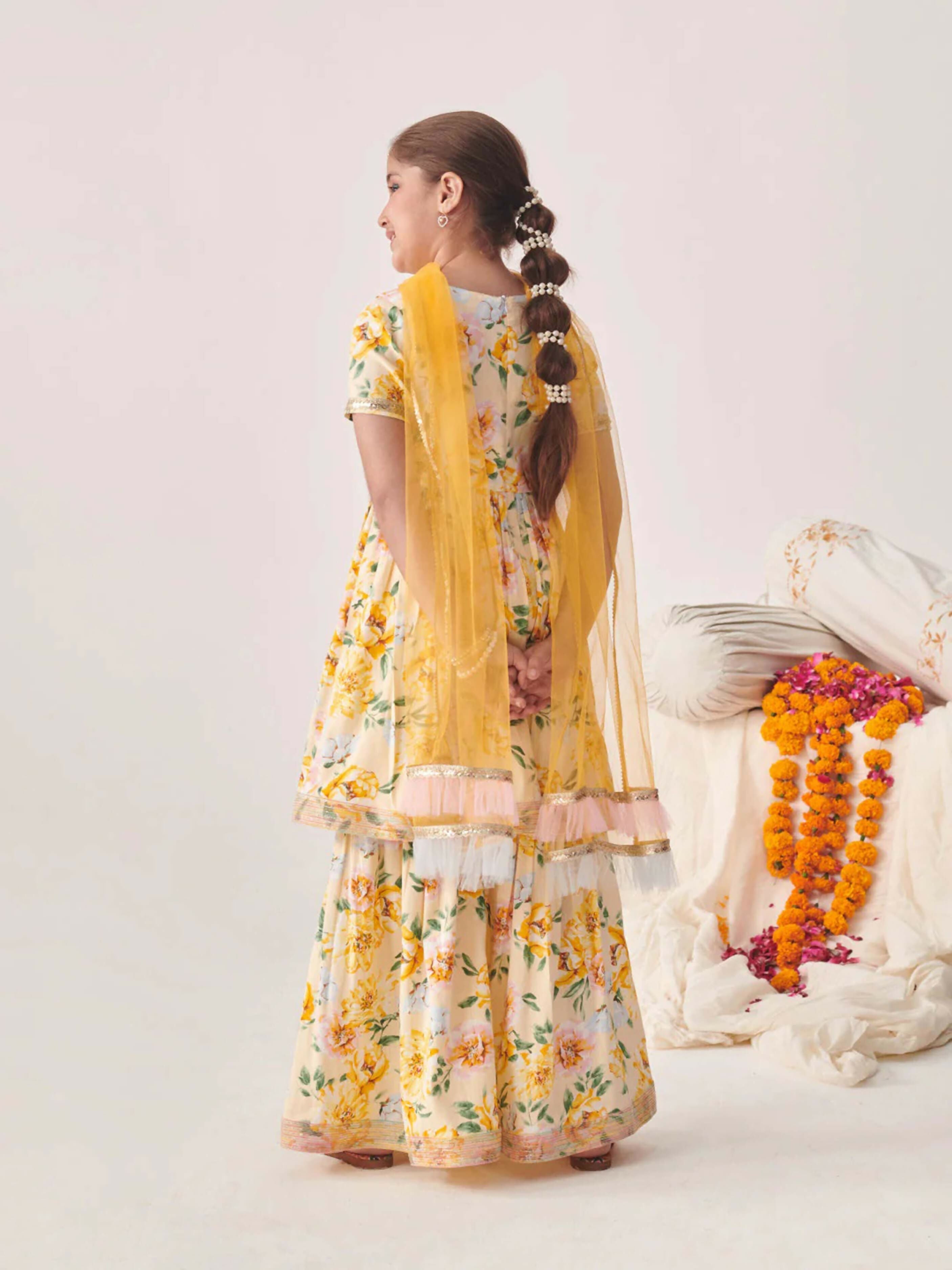 Girl's White & Yellow Cotton Blend Sharara Set with Net Dupatta