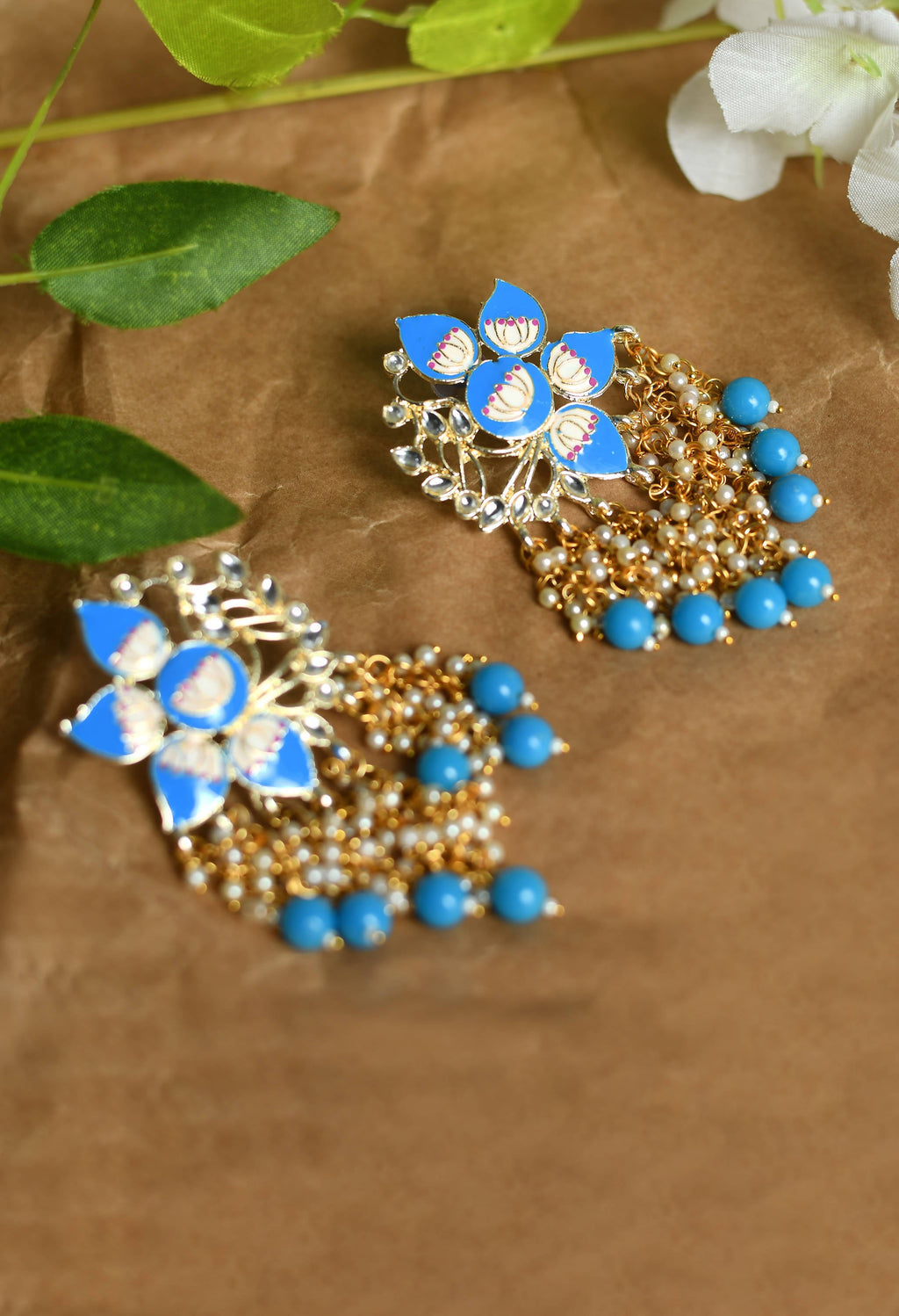 Gold-Polished Kundan & Sky Blue Meenakari Floral Drop Earrings