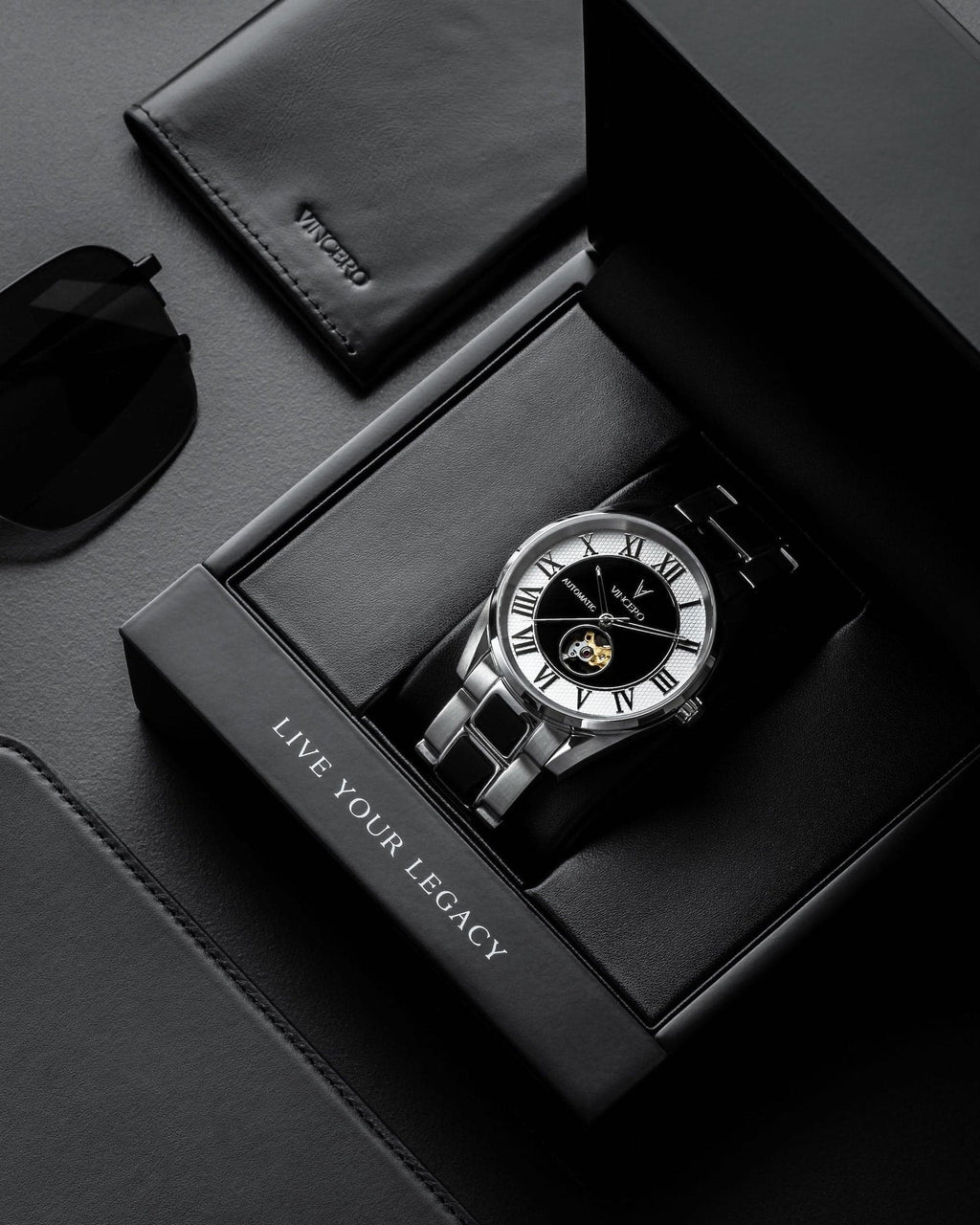 Marble Automatic Watch: Silver Nero 43mm Case