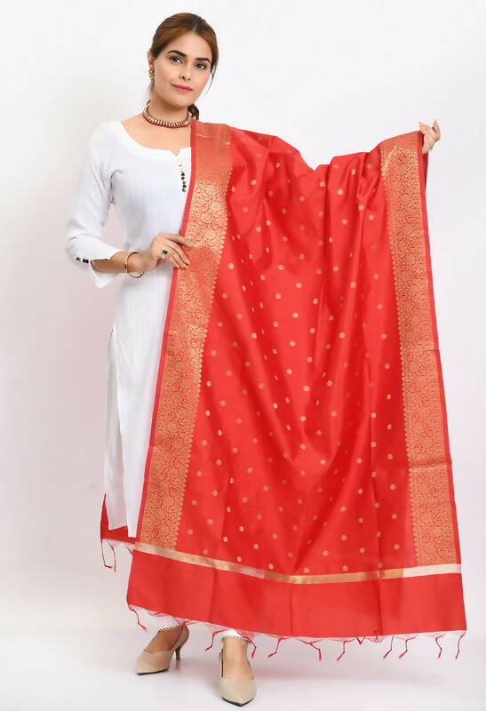 Rich Red Banarasi Silk dupatta with elegant woven patterns