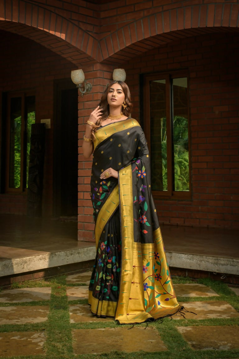 Black Paithani Silk saree with elegant Zari work and matching blouse