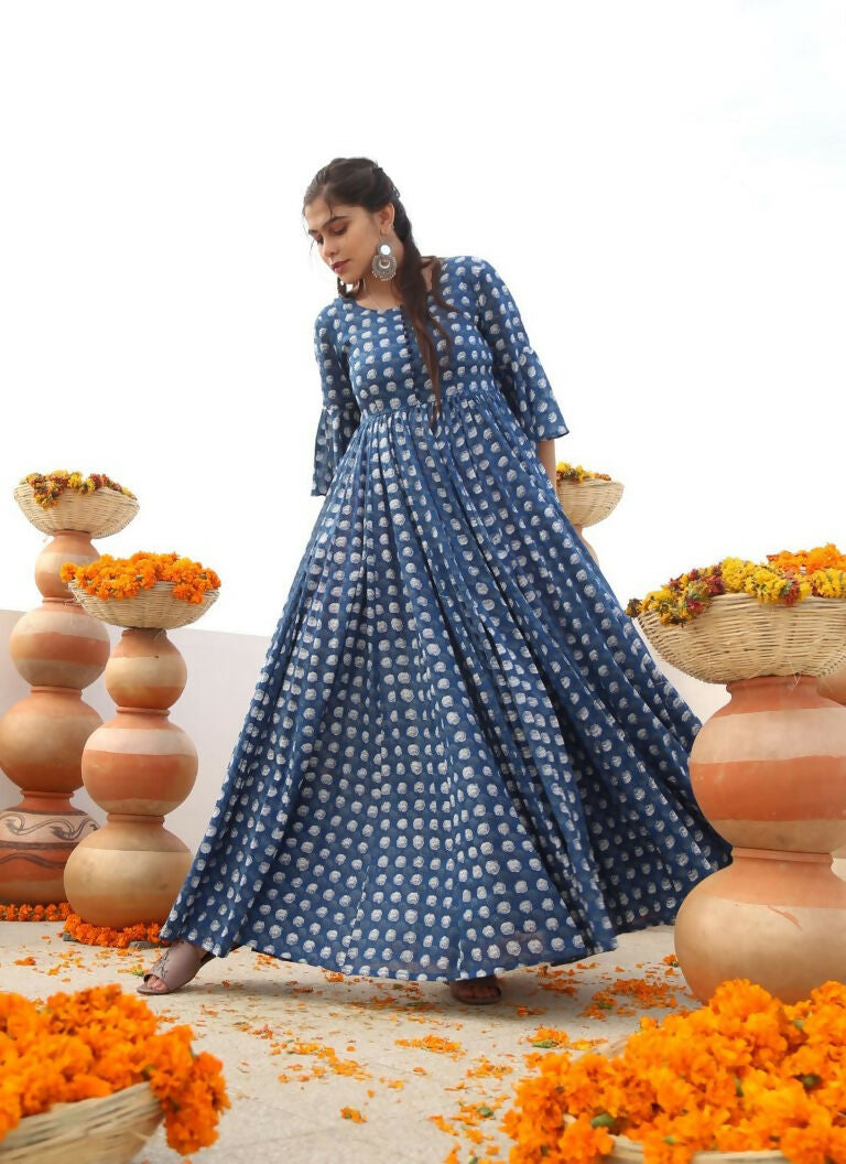 Women's Blue Cotton Silk Anarkali Dress with Digital Print