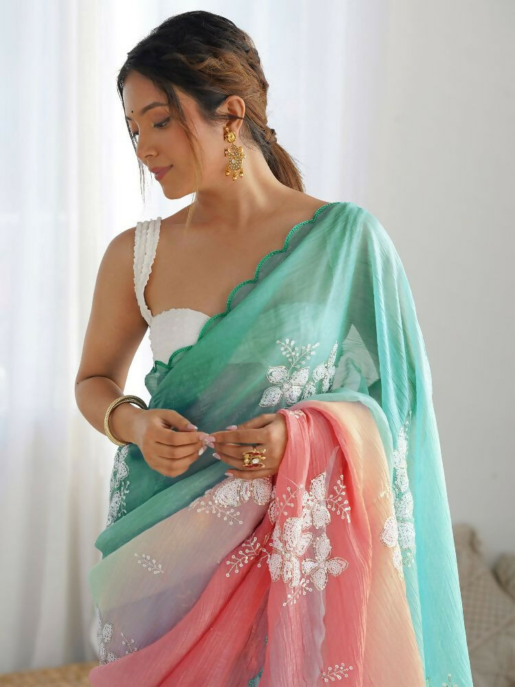 Rama Peach Gold Crush Embroidery Saree with Blouse