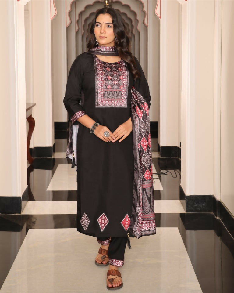 Women's black viscose simmer kurta with floral print and hand work