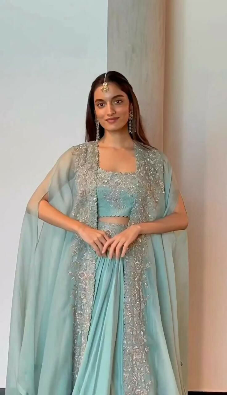 Sky Blue Chinon Lehenga Choli with Sequins Embroidery & Shrug