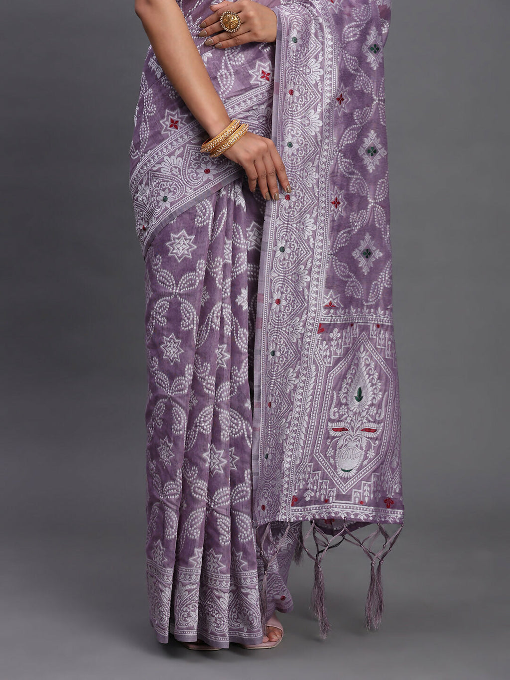 Violet Linen Cotton Saree with Traditional Ethnic Patterns