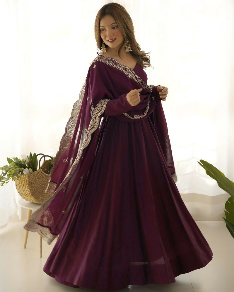 Wine Chanderi Kurta Set with Sequence Embroidery Work - 3 Piece
