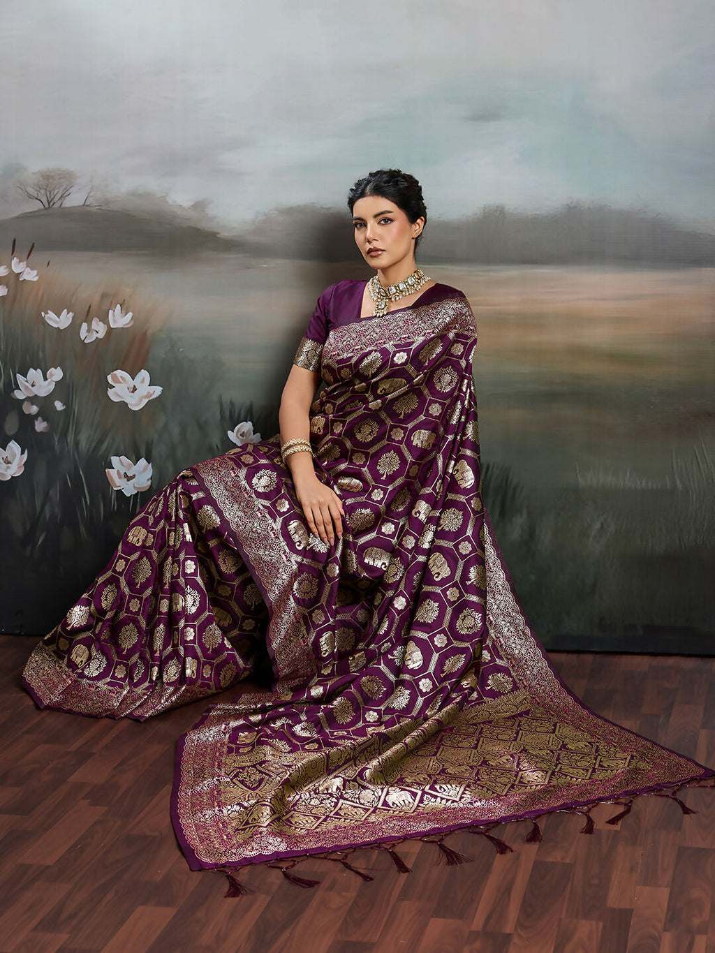 Wine Silk Blend Saree with Matching Blouse Piece