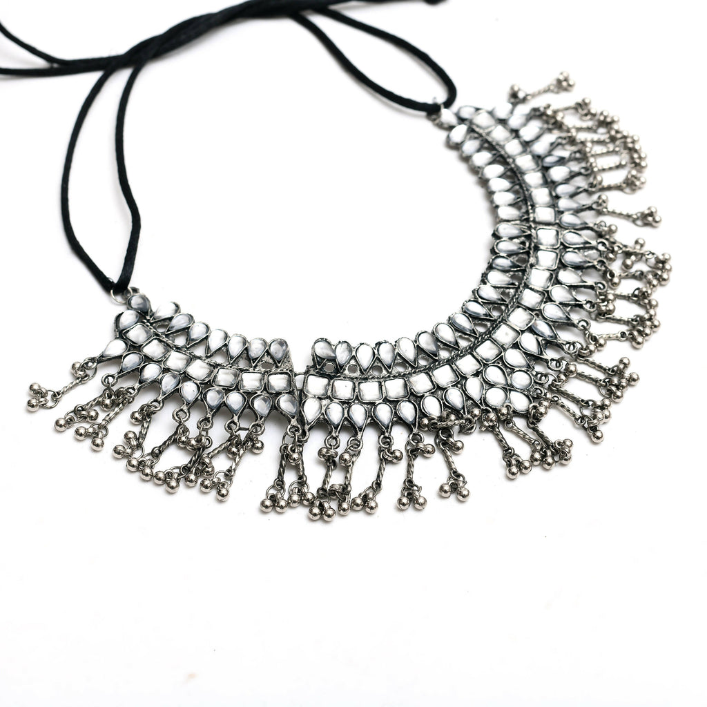 Kundan Oxidised Silver-Plated Brass Necklace for Women