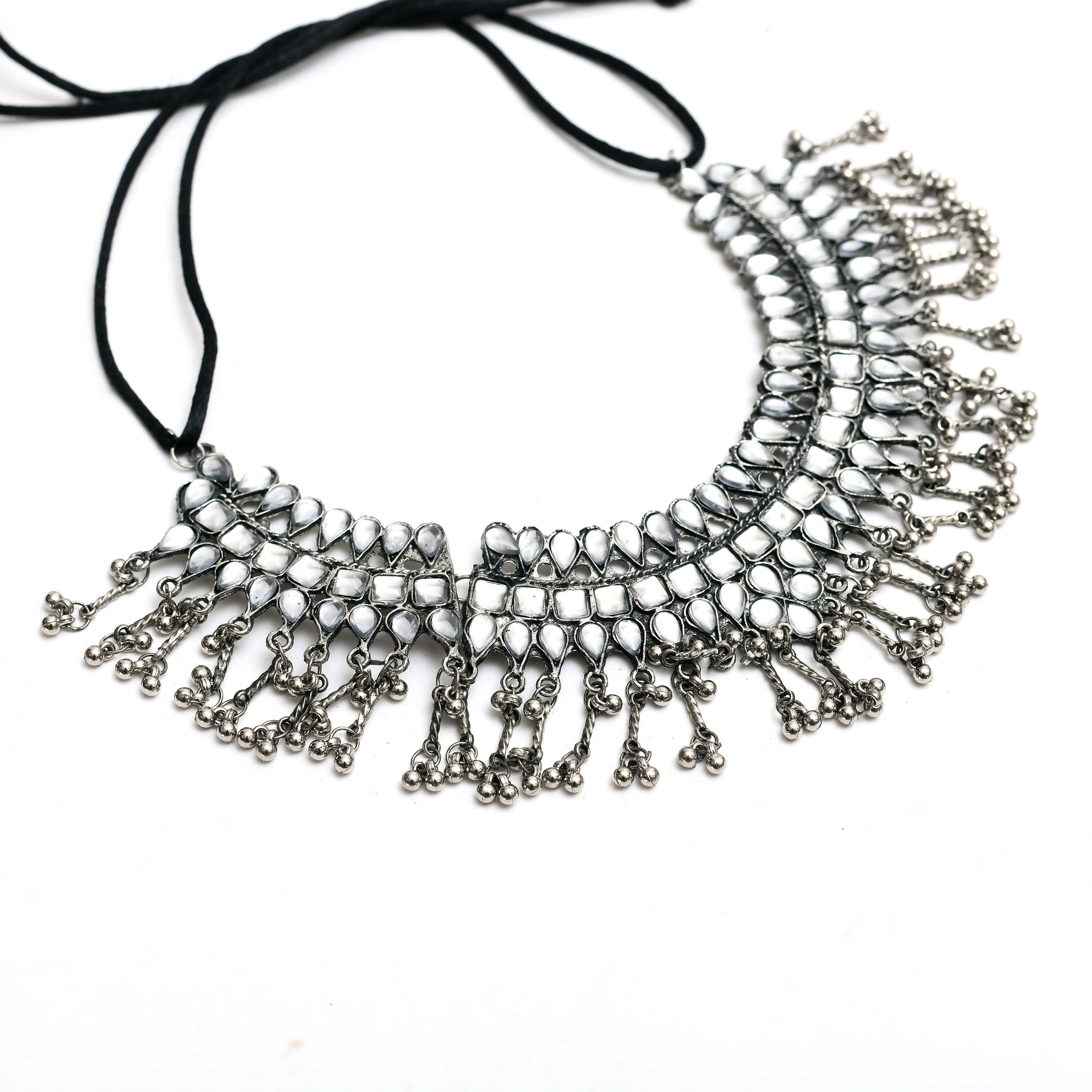 Kundan Oxidised Silver-Plated Brass Necklace for Women
