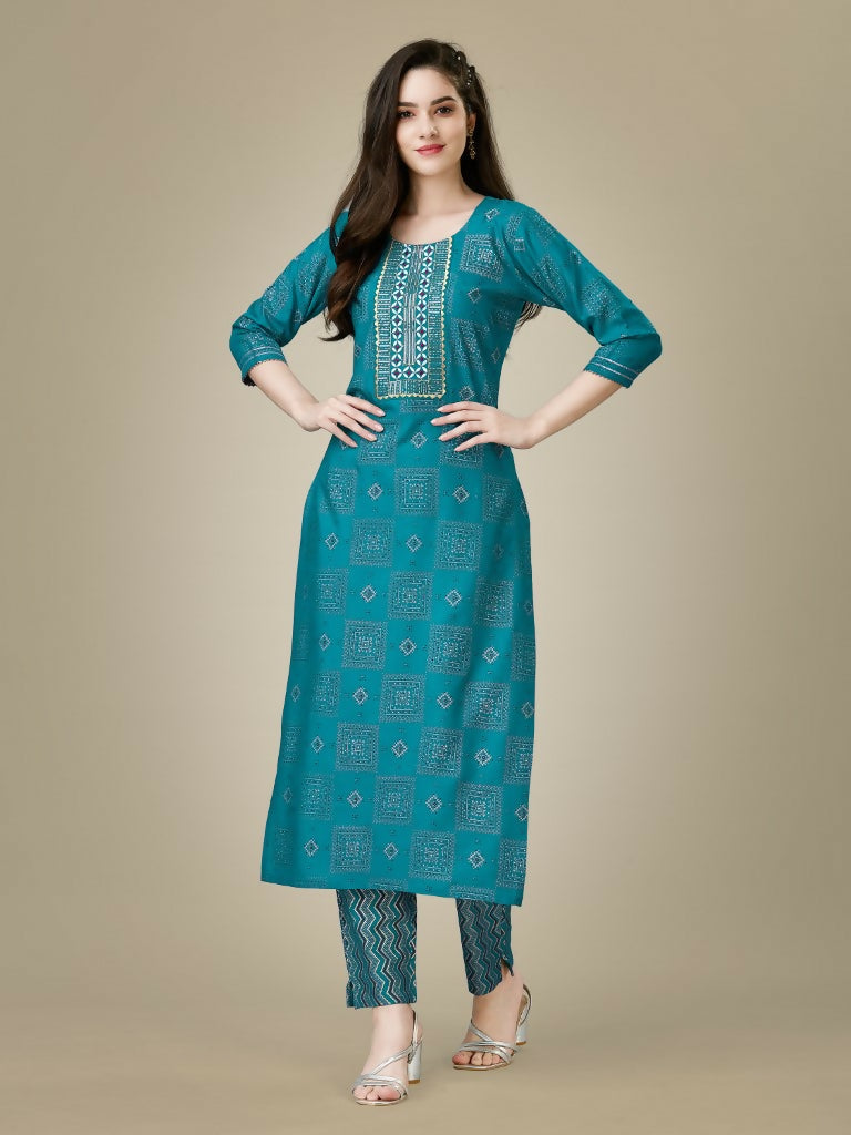 Rama and gold colored Rayon embroidered kurta pant set with geometric pattern