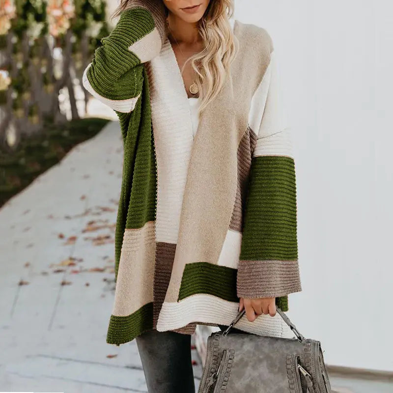 Women's Geometric Color Block Cardigan Long Sleeve Knit Sweater - Image 3