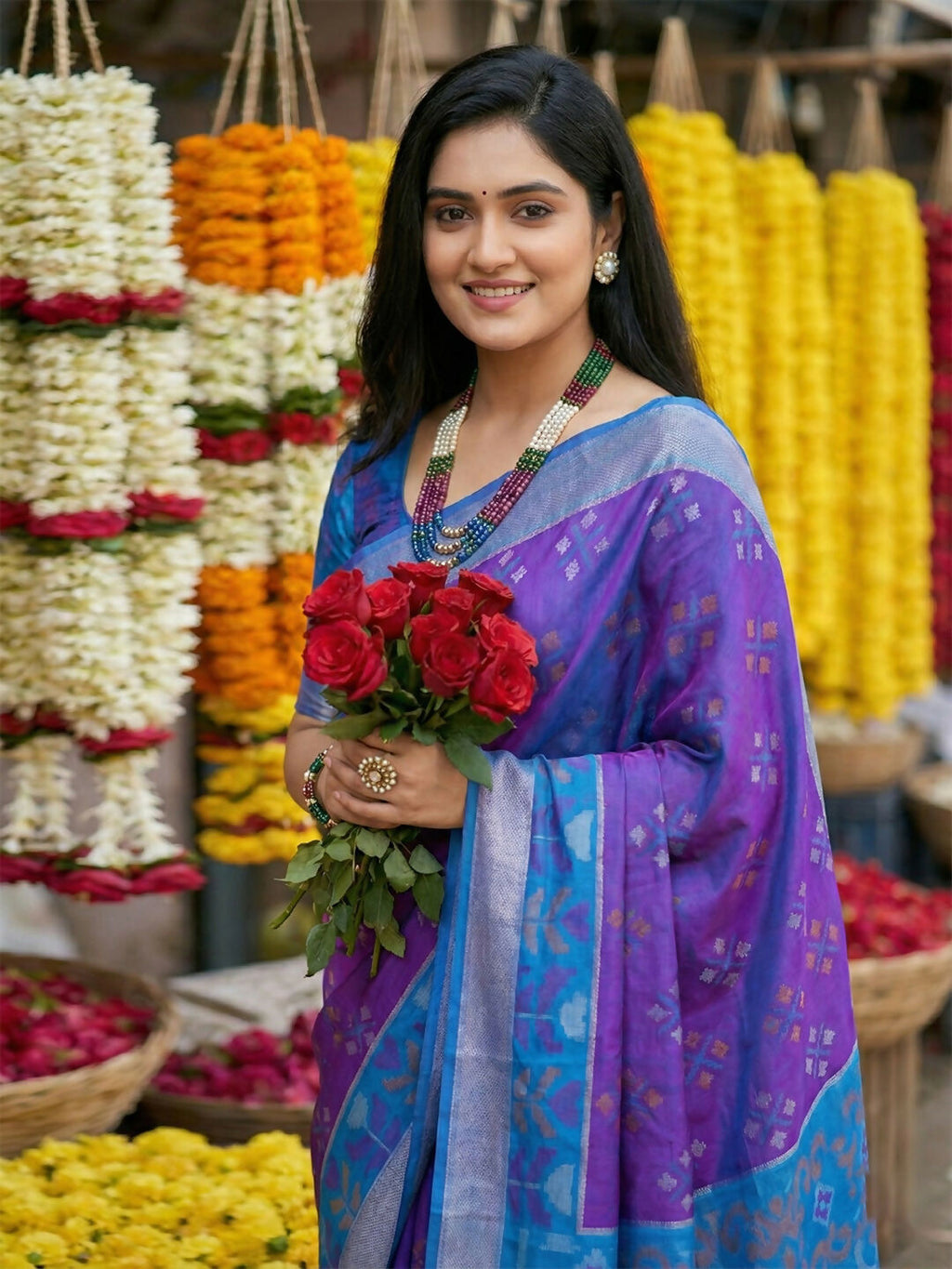 Violet Pochampally Silk Saree with Matching Blouse Piece