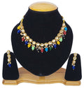 Multicolor Kundan necklace set featuring gold plating and artisan construction.