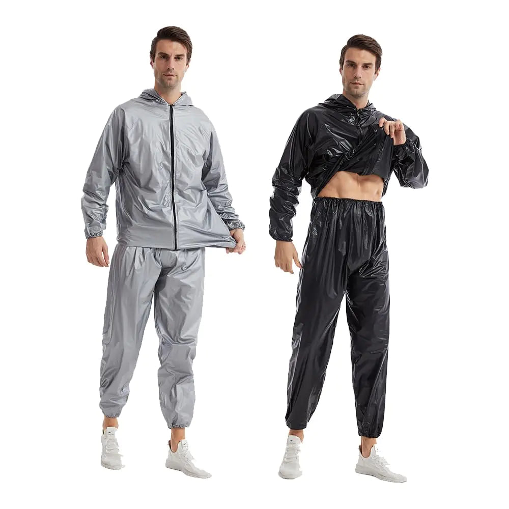 DawnBreak Sauna Sweat Suits Weight loss for Women/Men full zip with Hooded Heavy Duty Anti-Rip Exercise Gym Workout Suit Top Pants Silver - 3XL