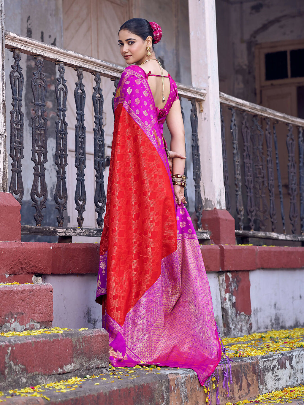 Red Soft Silk Saree with Purple Blouse Traditional Ethnic Wear