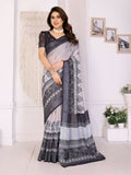 Black handloom linen cotton saree featuring traditional zari weaving