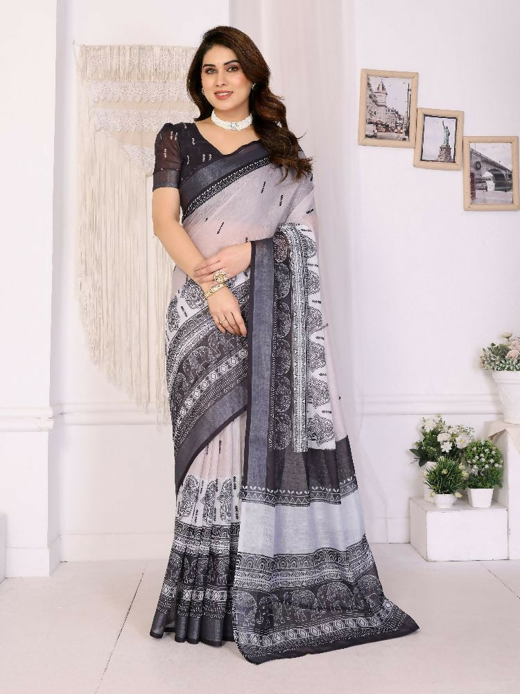 Black handloom linen cotton saree featuring traditional zari weaving