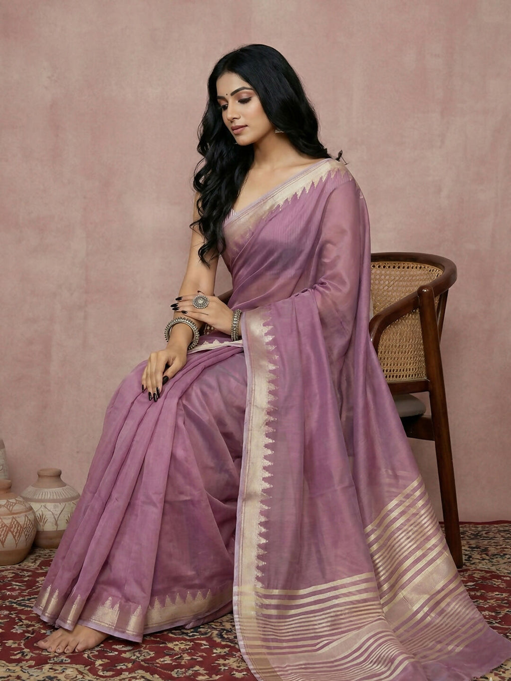 Purple Cotton Saree with Matching Blouse Piece