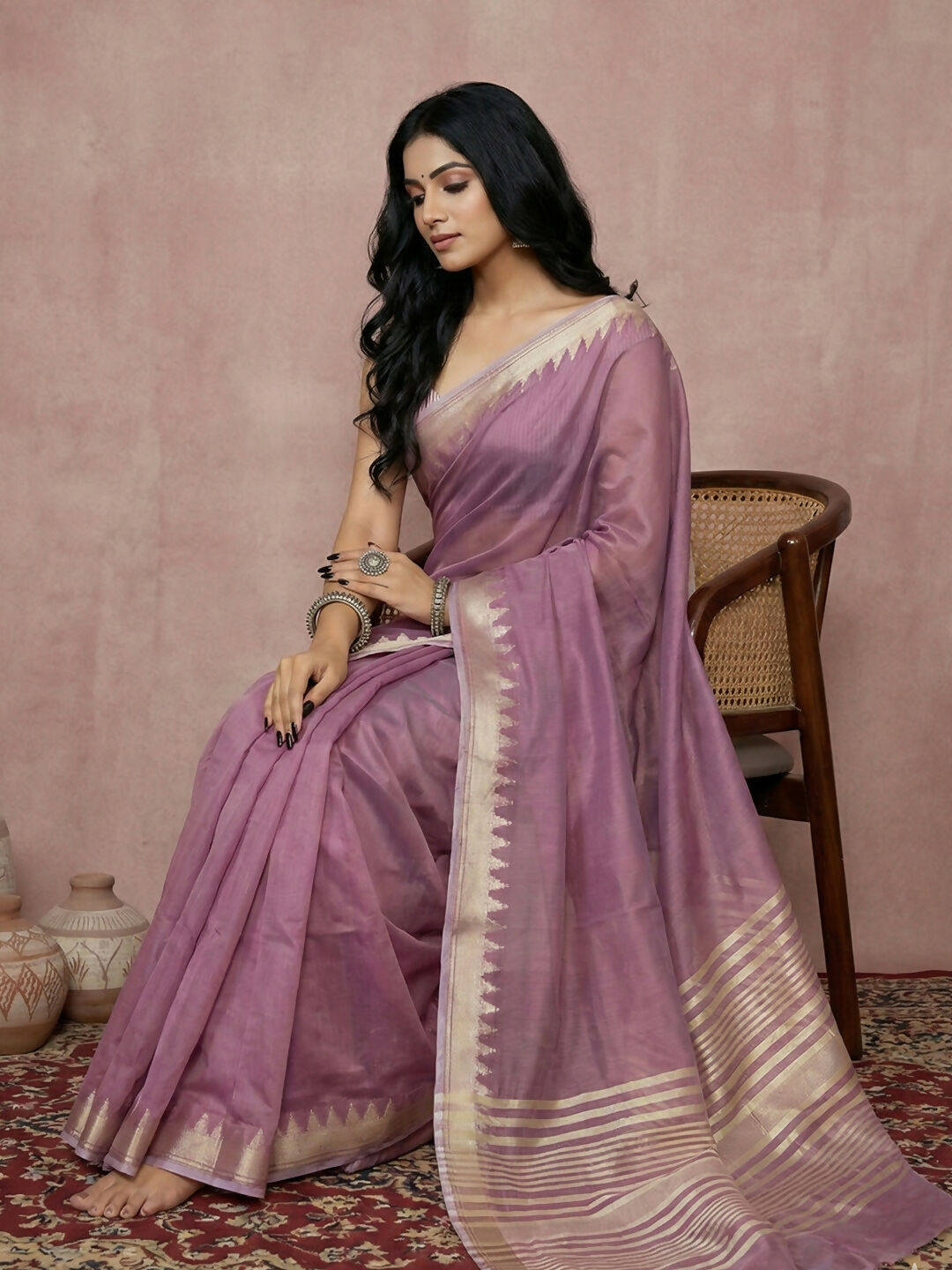 Purple Cotton Saree with Matching Blouse Piece