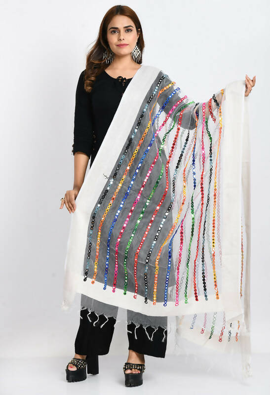 White organza dupatta featuring intricate multi-thread embroidery and mirror work detailing