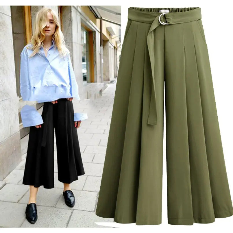 Women's Pleated Wide Leg Cropped Pants with Waist Tie - Image 3