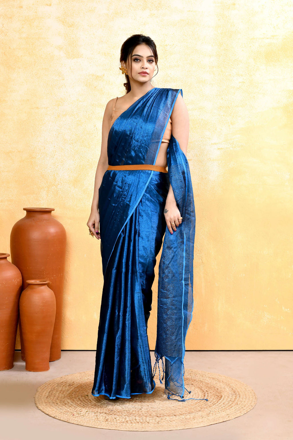 Blue Dual Tone Organic Tissue Saree with Unstitched Blouse Piece