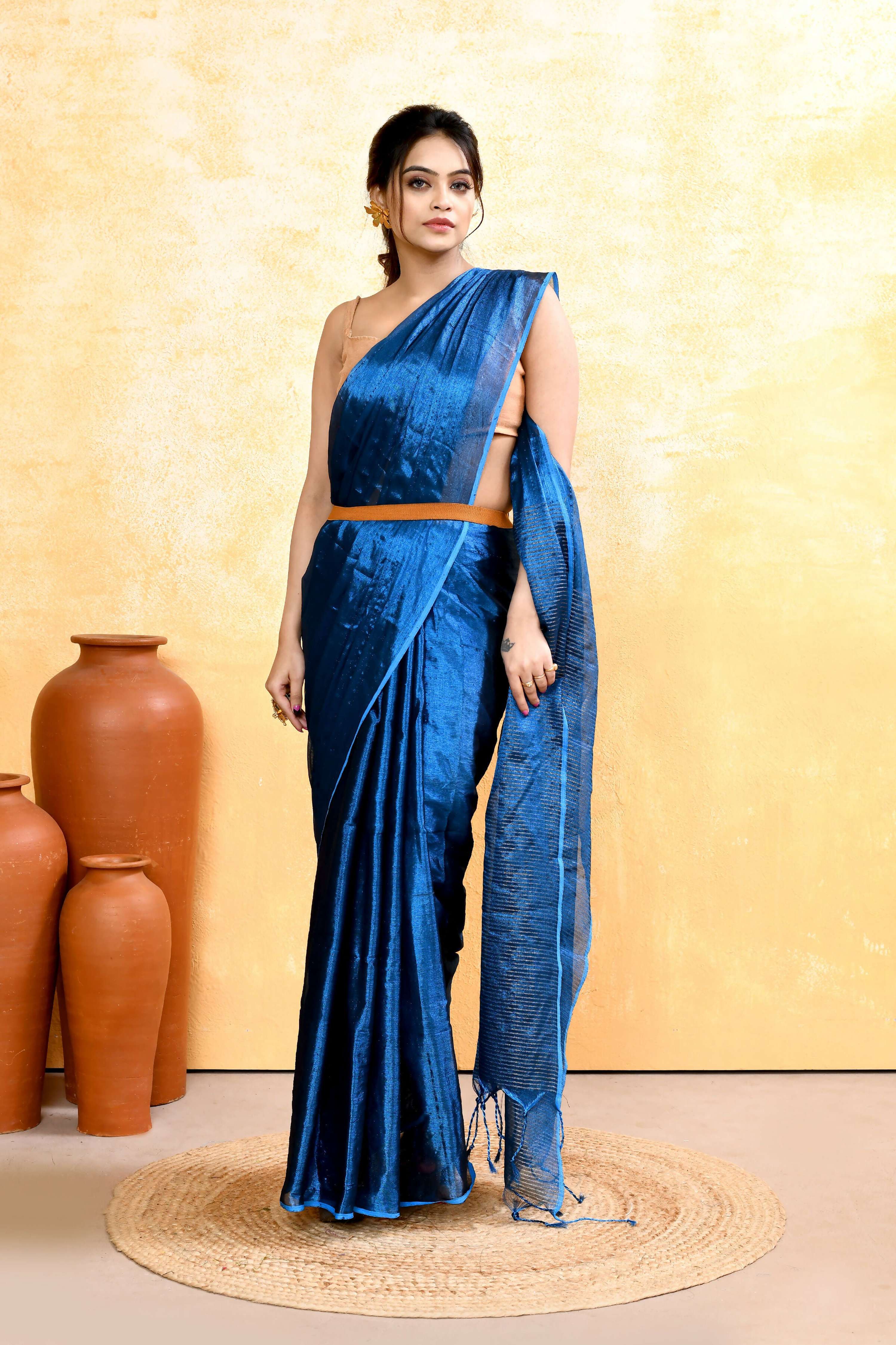 Blue Dual Tone Organic Tissue Saree with Unstitched Blouse Piece