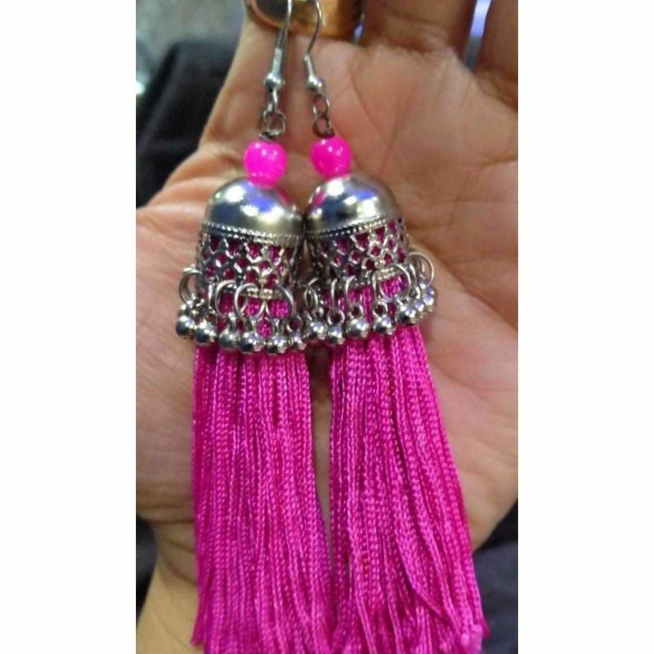 Latest fashion jhumka earrings with pink hanging thread tassels