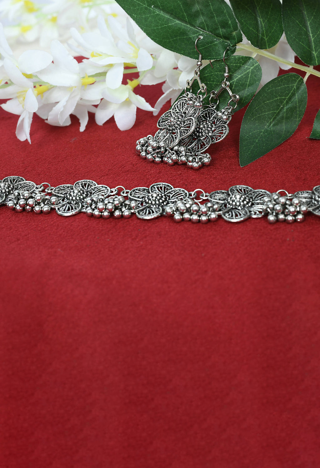 Silver-Plated Floral Design Oxidised Brass Choker Necklace