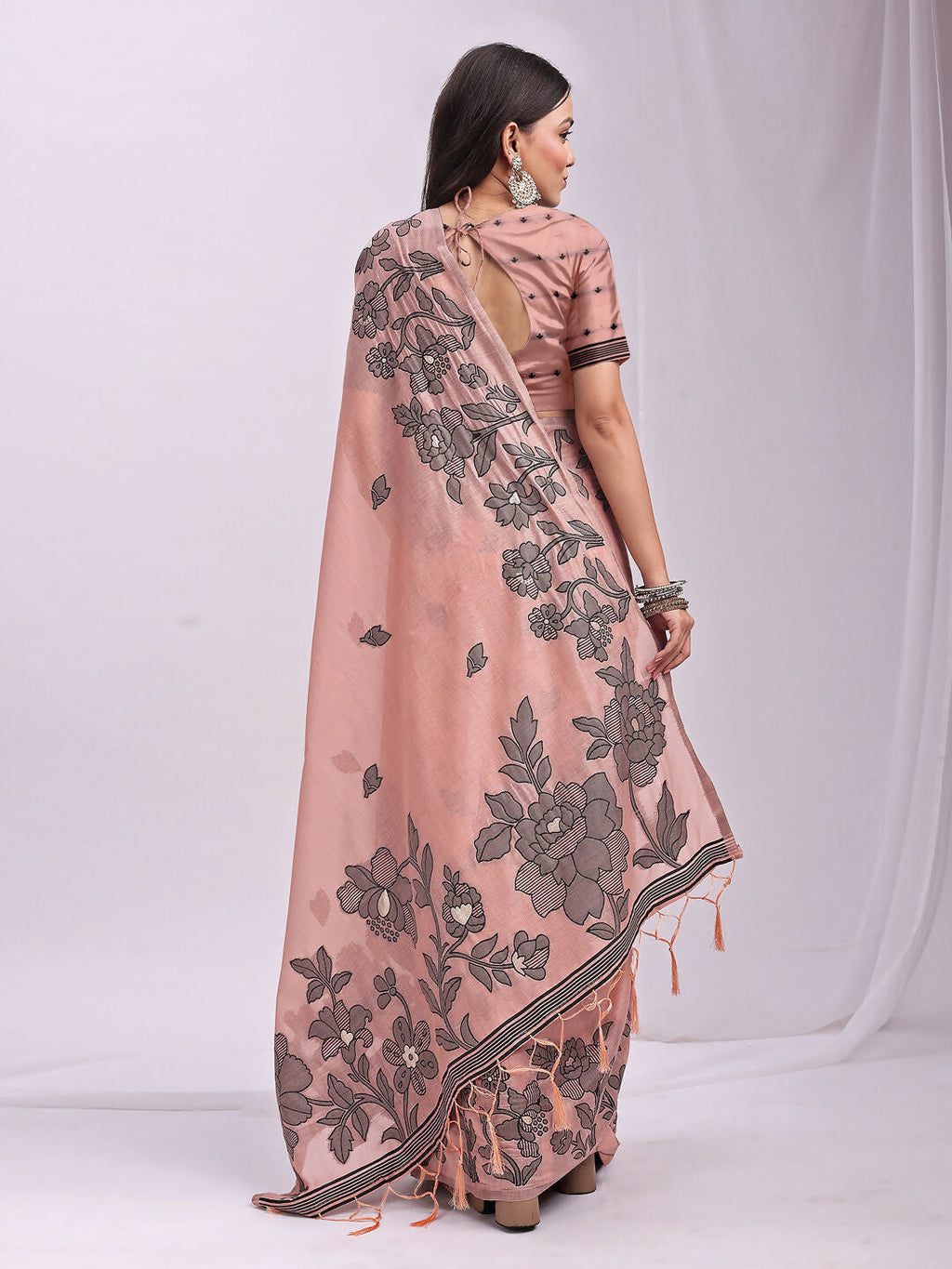 Shree Shyam Fashion Kashira Peach Linen Cotton Saree