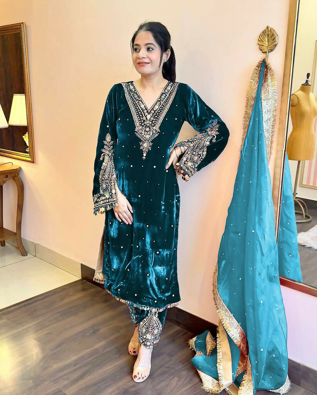 Deep Teal Velvet Embroidered Kurta Set for Women