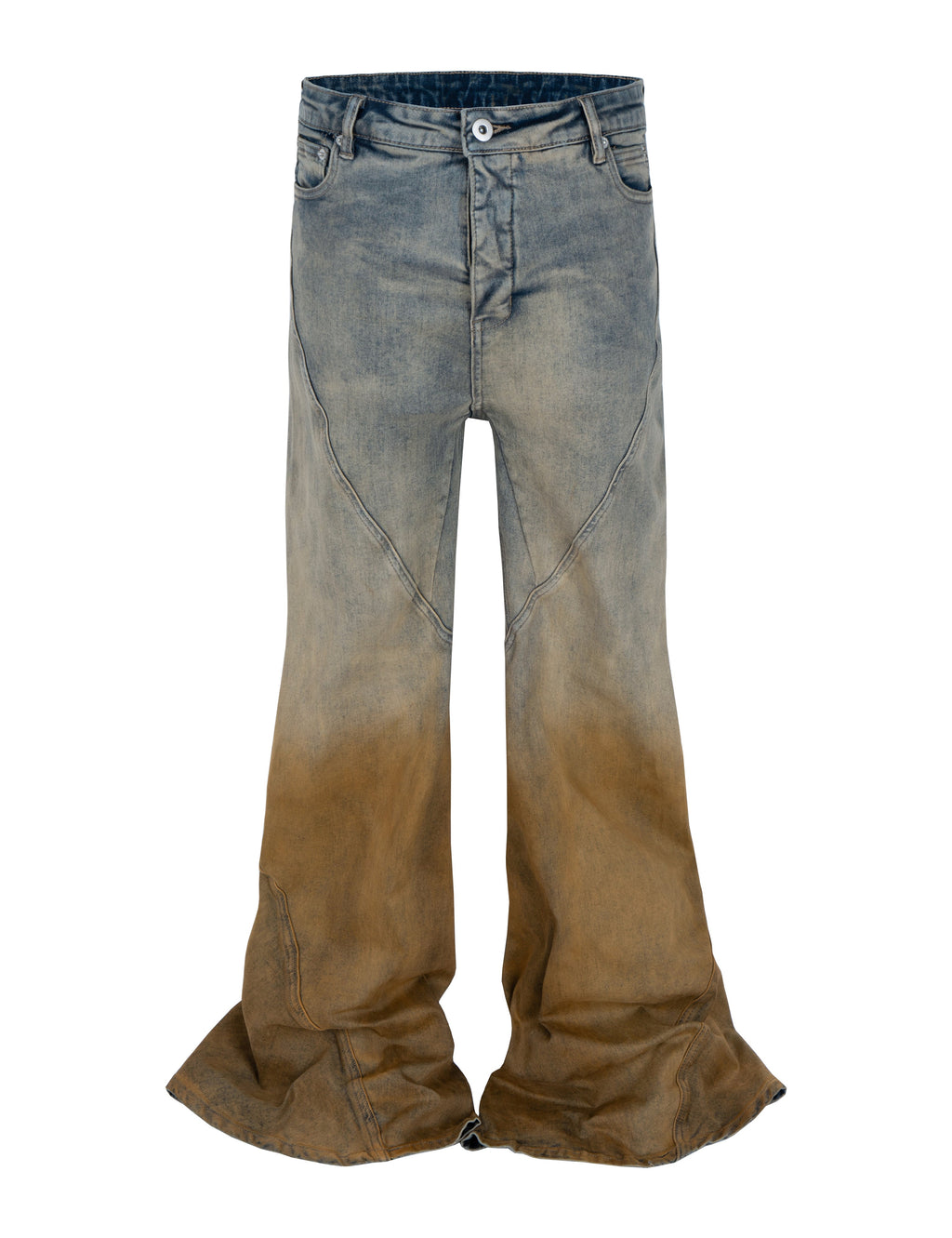 Front and back view of two-tone blue and brown flared jeans by Undeveloped.