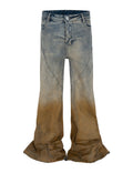 Front and back view of two-tone blue and brown flared jeans by Undeveloped.