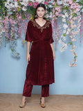 Maroon velvet coord set with intricate hand-embellished details for women