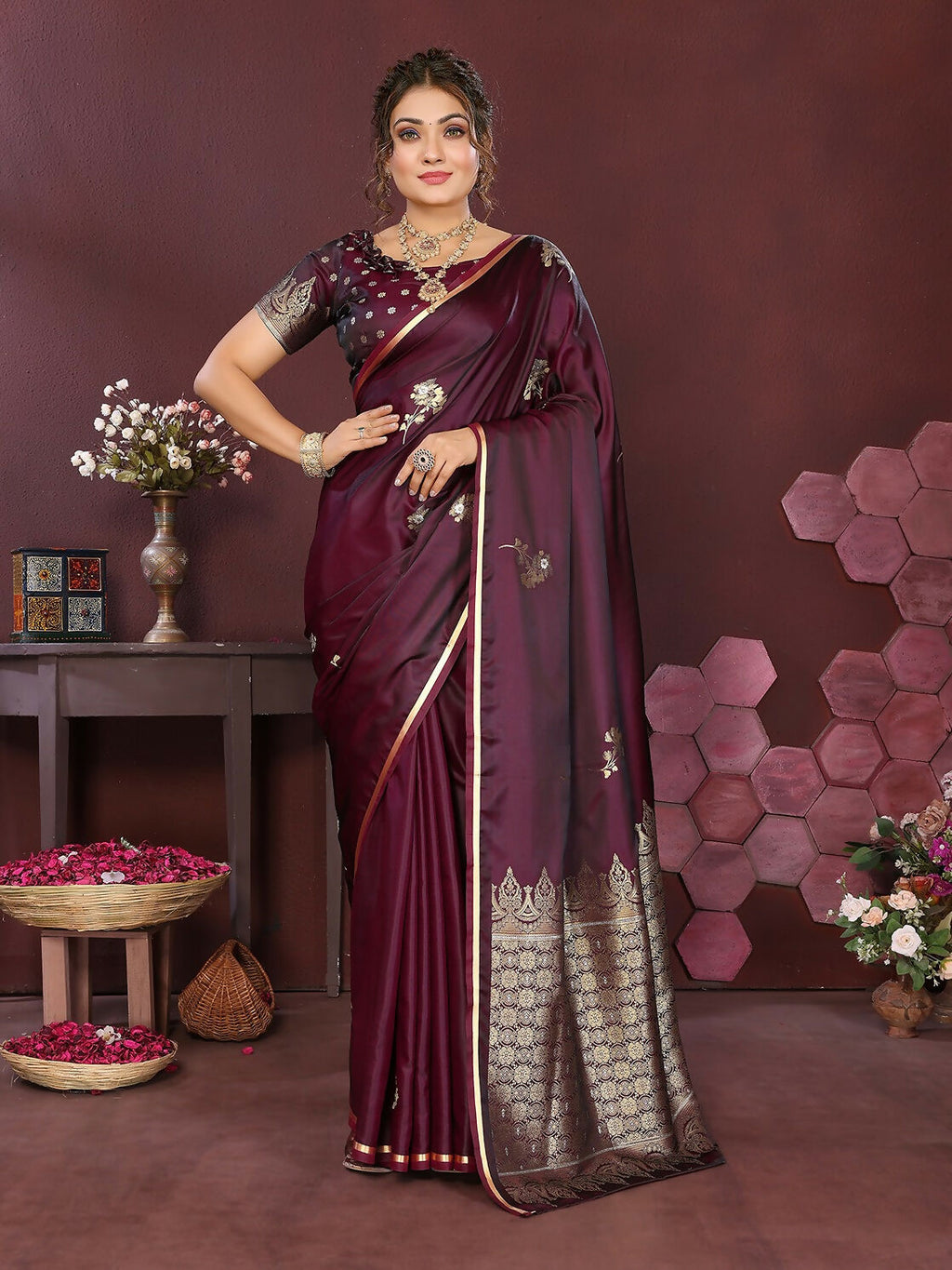 Wine floral Banarasi satin silk saree with matching unstitched blouse piece