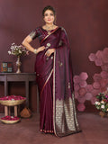 Wine floral Banarasi satin silk saree with matching unstitched blouse piece