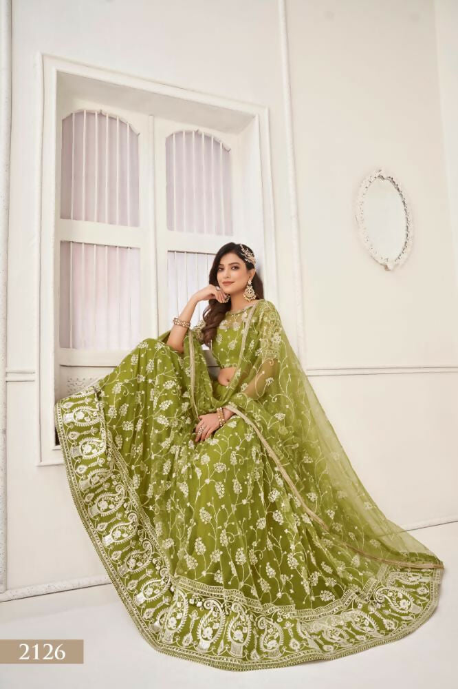 Olive Green Butterfly Net Lehenga Choli with Thread & Sequence Work