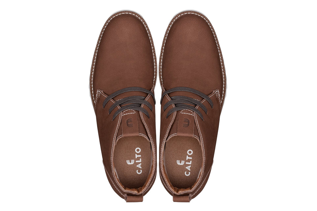 CALTO - J2193 - 2.6 Inches Taller (Brown/White Sole) - Nubuck Chukka Boots