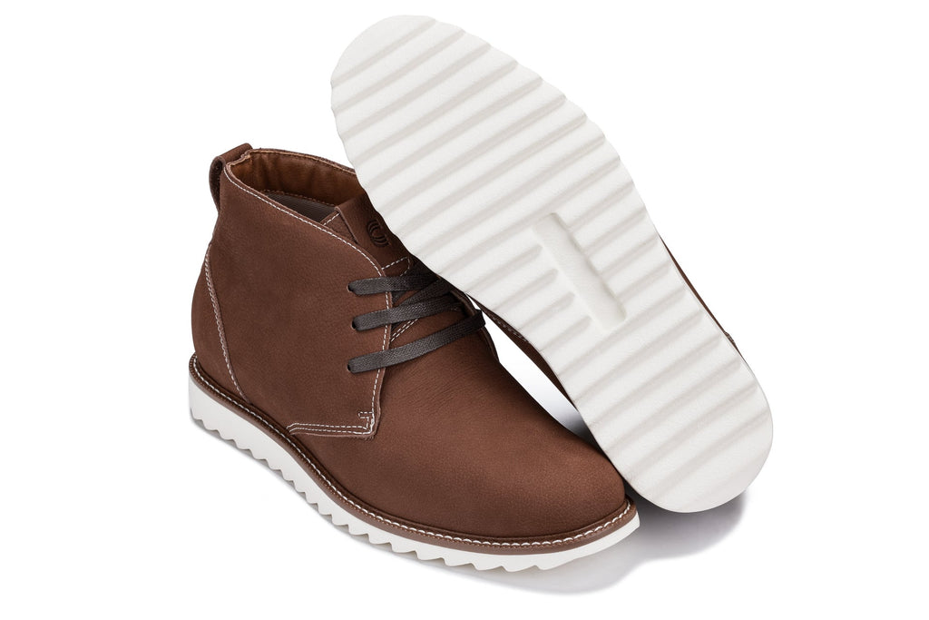 CALTO - J2193 - 2.6 Inches Taller (Brown/White Sole) - Nubuck Chukka Boots