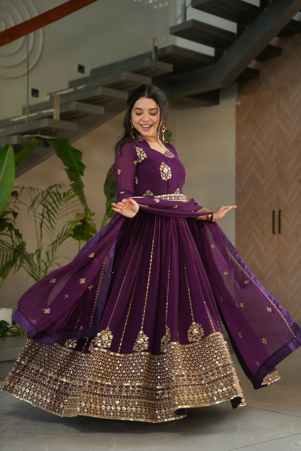 Wine Georgette Kurta Set with Detailed Sequence Embroidery