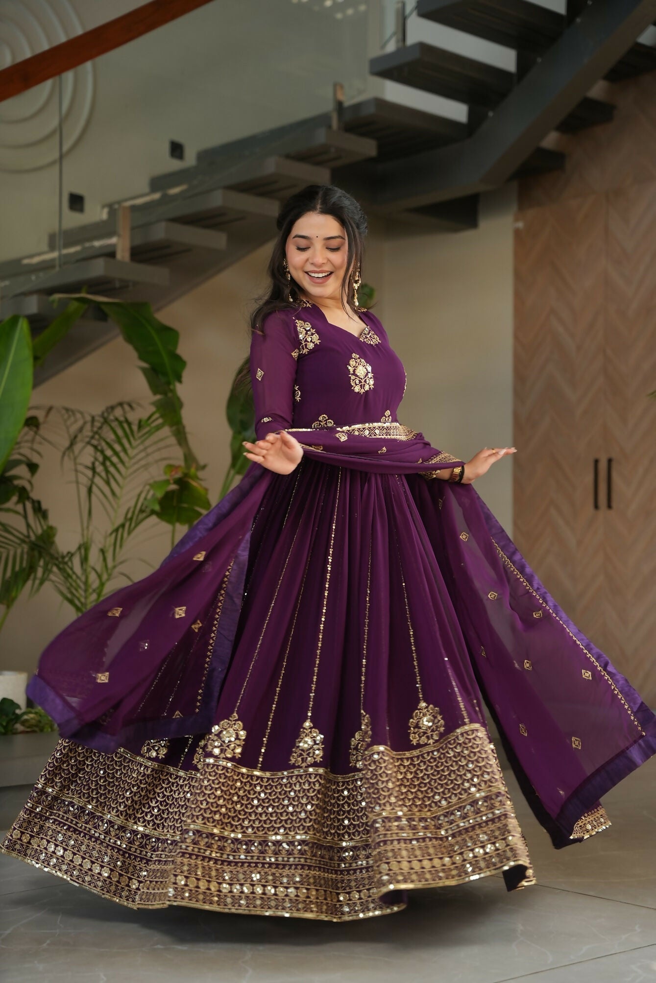 Wine Georgette Kurta Set with Detailed Sequence Embroidery