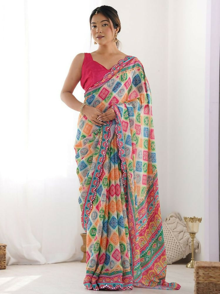 Multi-color Georgette saree featuring intricate digital prints and delicate mirror work detail
