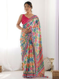 Multi-color Georgette saree featuring intricate digital prints and delicate mirror work detail