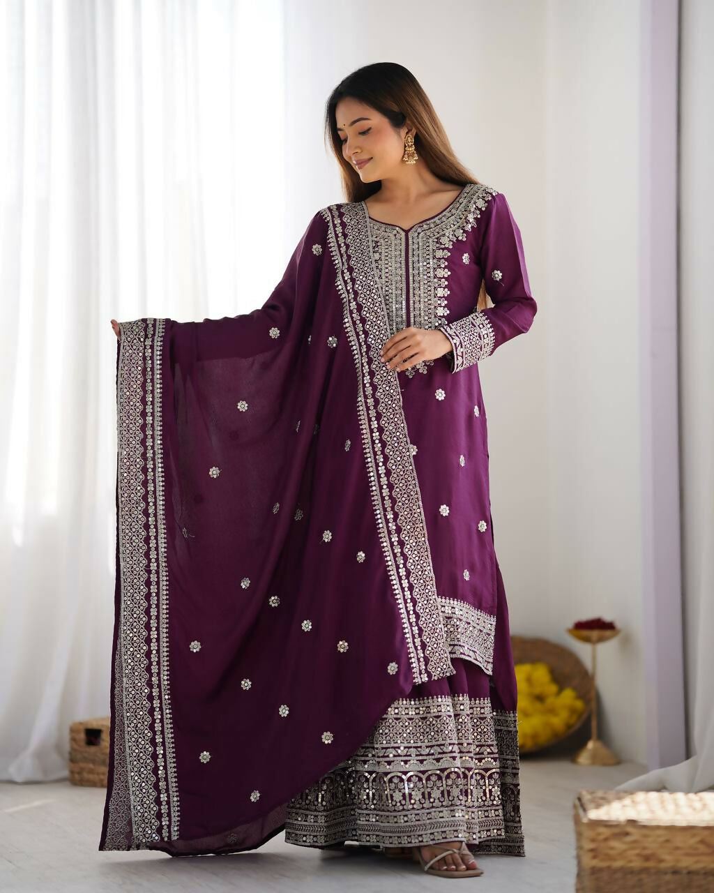 Wine Silk Kurta Set with Sequins, Zari & Thread Embroidery