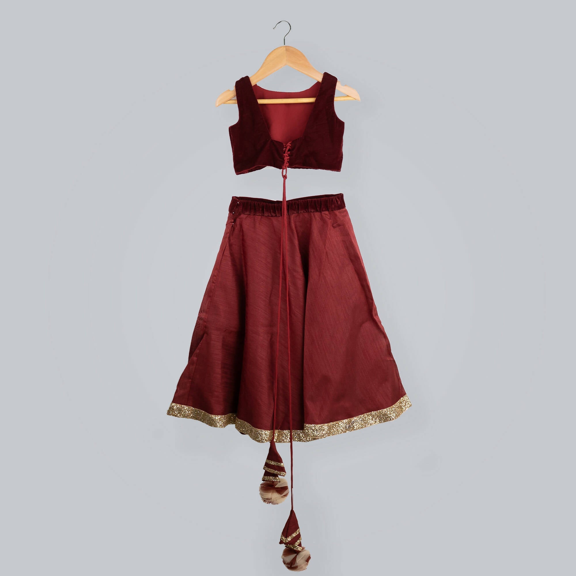 Red Ghagra Choli with Velvet Choli and Frill Dupatta for Girls