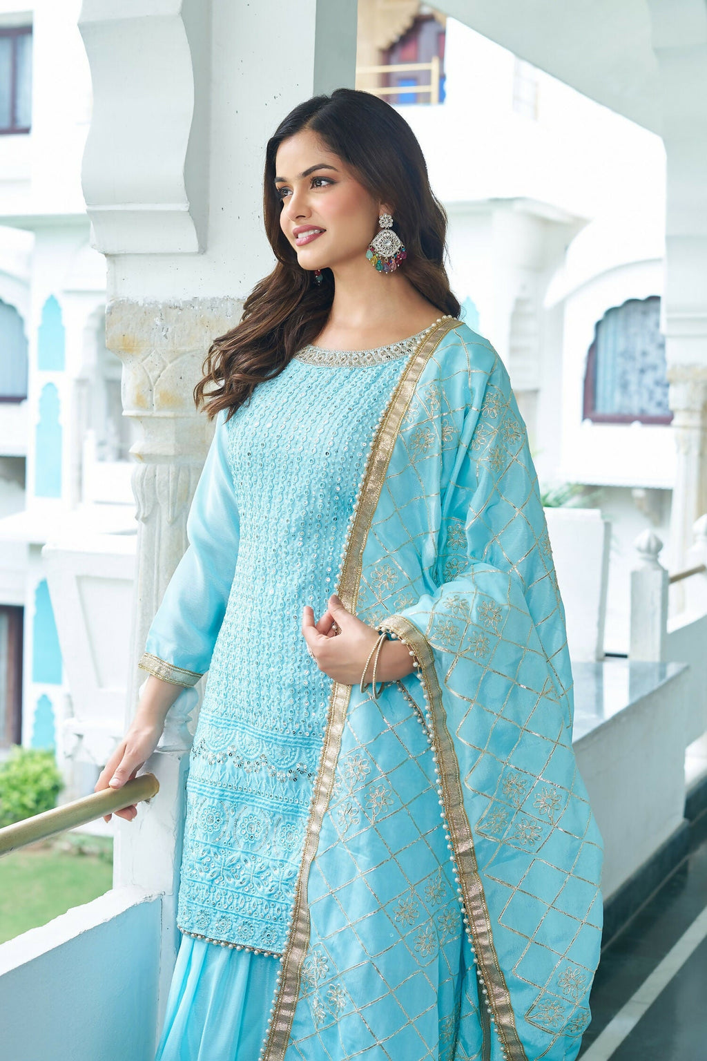 Sky Blue Chinon Silk Embroidered Sequence Work Kurta Set