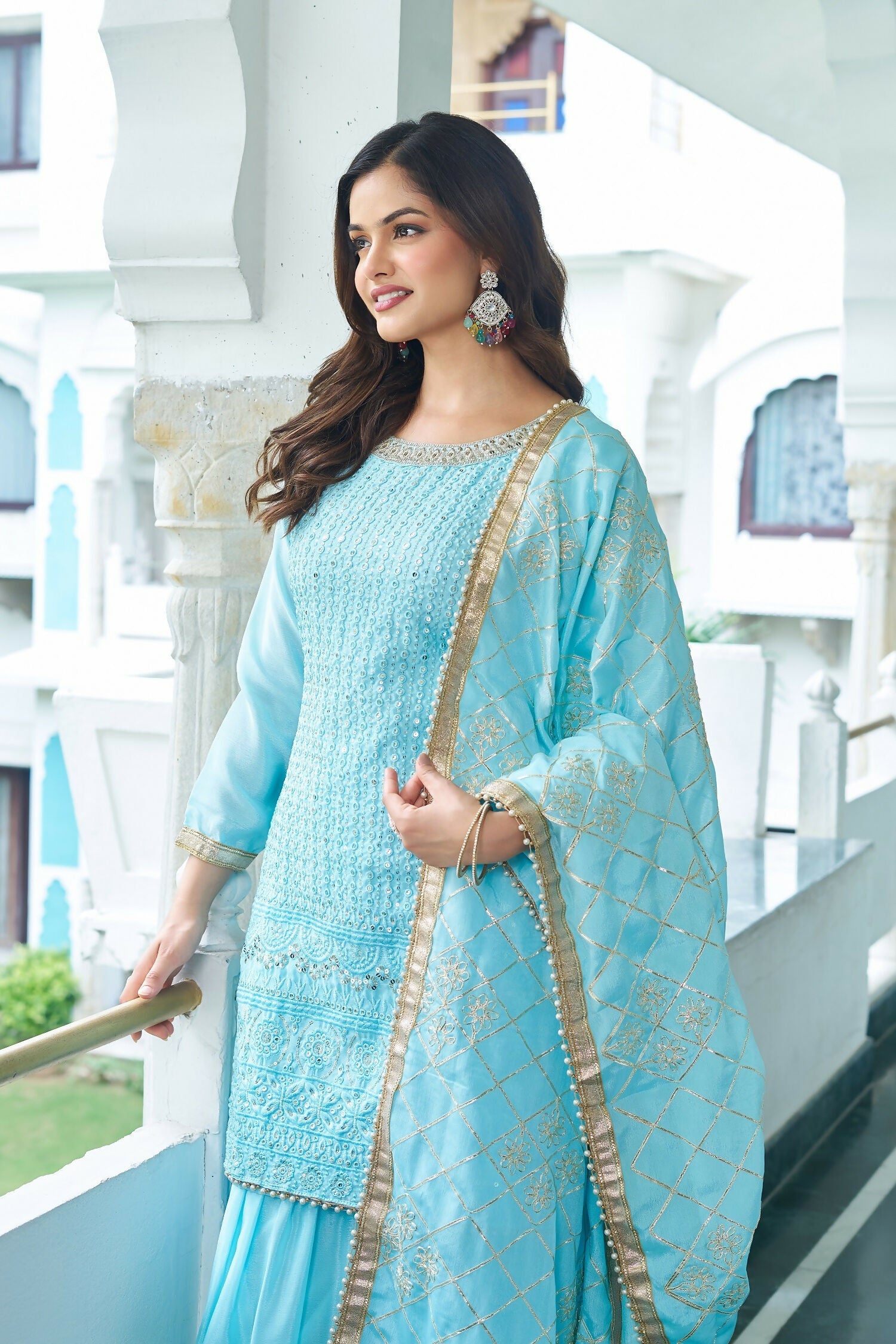 Sky Blue Chinon Silk Embroidered Sequence Work Kurta Set